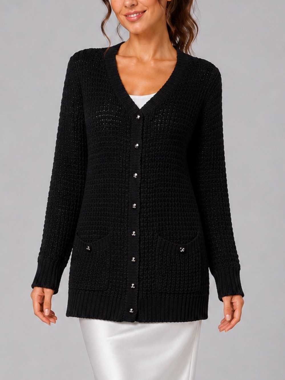 🆕🖤PASSIONI Germany BlackLurex Long Cardigan Sweater Size L Elegant Textured Knit